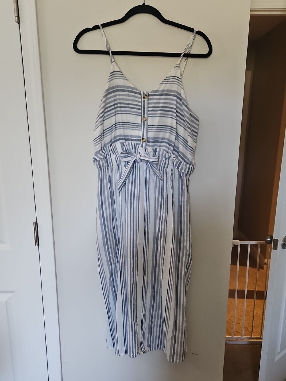 Striped Blue and White Midi Dress with Tie Waist